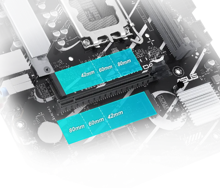 Asus Prime B760M-R D4  Two M.2 slots with speeds up to 64 Gbps