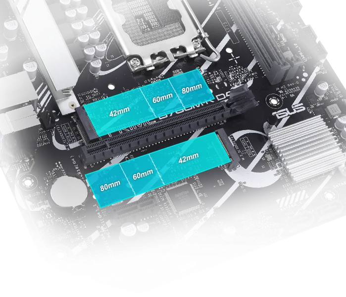 وحدة تخزين Asus PRIME B760M-K D4 بفتحتين M.2 (حتى 64 جيجابت في الثانية)