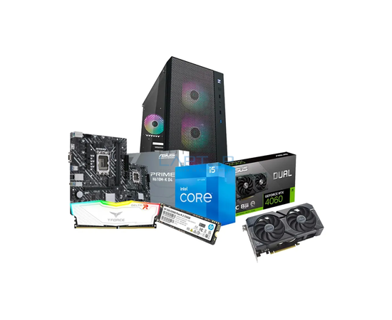 Intel Core I5-12400F Desktop Processor - Asus Prime H610M-K-D4 Motherboard - ​team t-force delta rgb ddr4 8gb 3200mhz cl16 white​ - HP EX900 Plus 256GB NVMe SSD - Asus Dual GeForce RTX 4060 OC Edition 8GB GDDR6 - Deepcool MATREXX 55 MESH ADD-RGB 4F Case